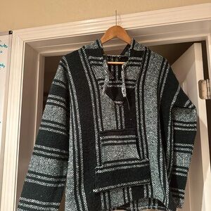 Striped green & and White hooded poncho medium